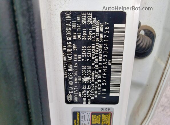 5XYPHDA53JG417567 2018 KIA SORENTO White Widok naklejki z numerem VIN
