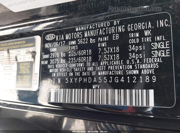 5XYPHDA55JG412189 2018 KIA SORENTO Black 