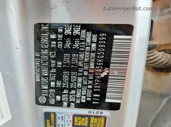 5XYPHDA56KG509399 2019 KIA SORENTO Silver 