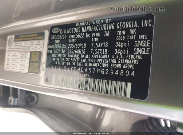 5XYPHDA57HG294804 2017 KIA SORENTO Gold Engine compartment view