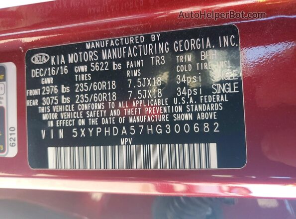 5XYPHDA57HG300682 2017 KIA SORENTO Красный Вид подкапотного пространства