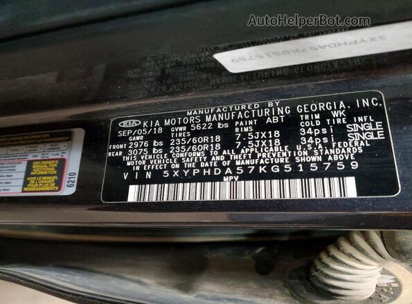 5XYPHDA57KG515759 2019 KIA SORENTO Gray 