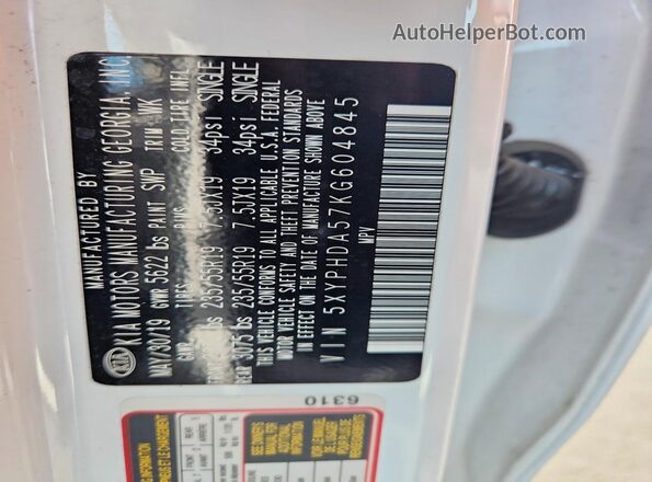 5XYPHDA57KG604845 2019 KIA SORENTO White 