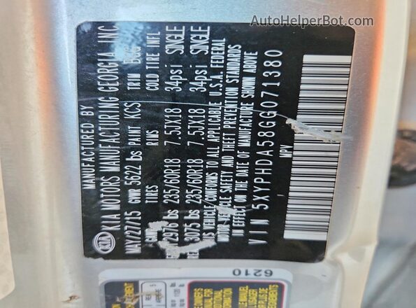 5XYPHDA58GG071380 2016 KIA SORENTO Silver 