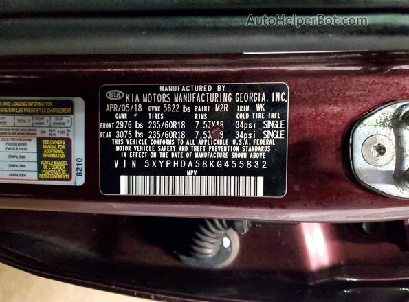 5XYPHDA58KG455832 2019 KIA SORENTO Maroon 360 interior view