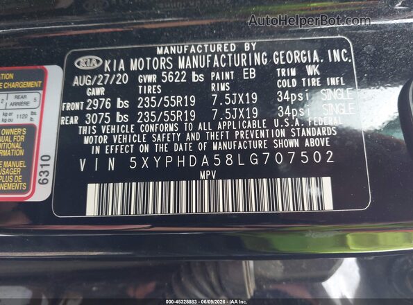 5XYPHDA58LG707502 2020 KIA SORENTO Black Engine compartment view