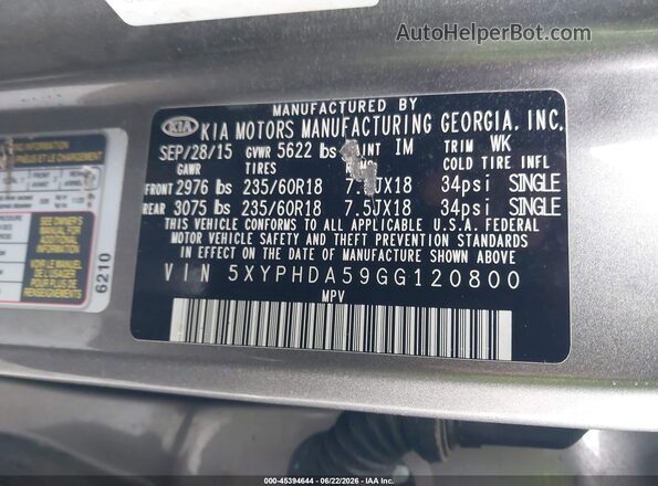 5XYPHDA59GG120800 2016 KIA SORENTO Gray Շարժիչի բաժամունքի տեսք