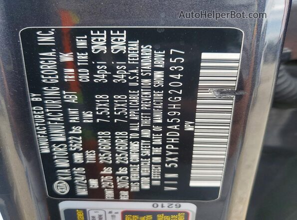 5XYPHDA59HG204357 2017 KIA SORENTO Gray 