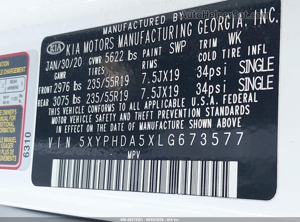 5XYPHDA5XLG673577 2020 KIA SORENTO Белый Вид подкапотного пространства