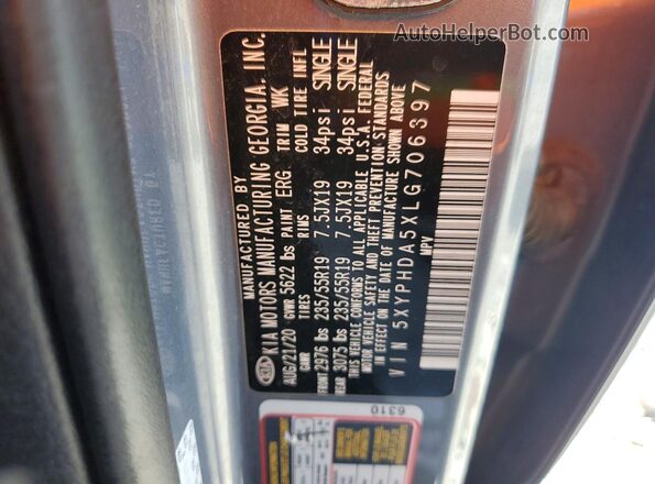 5XYPHDA5XLG706397 2020 KIA SORENTO Gray VIN sticker view
