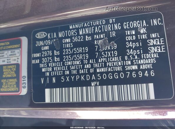 5XYPKDA50GG076946 2016 KIA SORENTO Burgundy 