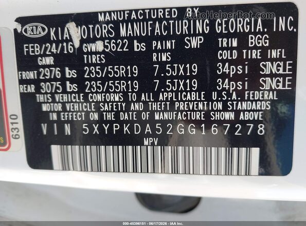 5XYPKDA52GG167278 2016 KIA SORENTO Белый 