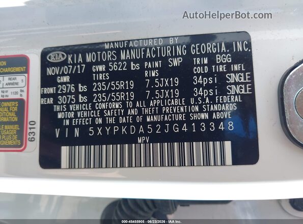 5XYPKDA52JG413348 2018 KIA SORENTO White Вид підкапотного простору