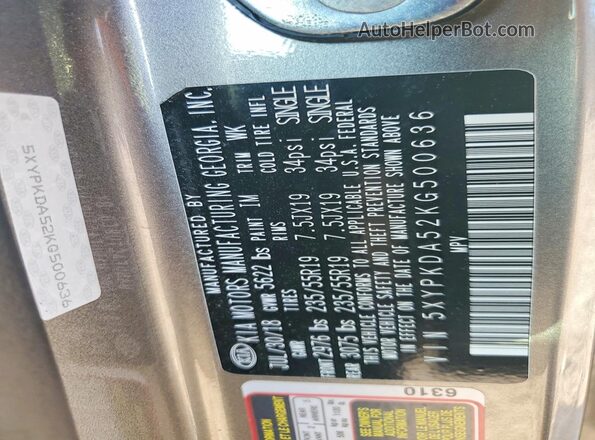 5XYPKDA52KG500636 2019 KIA SORENTO Желто-коричневый Вид наклейки с VIN-кодом