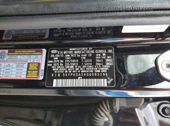5XYPKDA56GG085196 2016 KIA SORENTO Black 