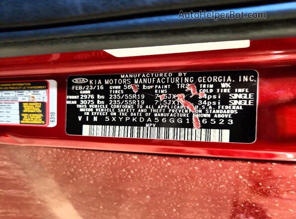 5XYPKDA56GG166523 2016 KIA SORENTO Red 
