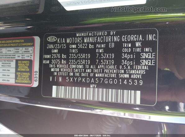 5XYPKDA57GG014539 2016 KIA SORENTO Черный Вид подкапотного пространства