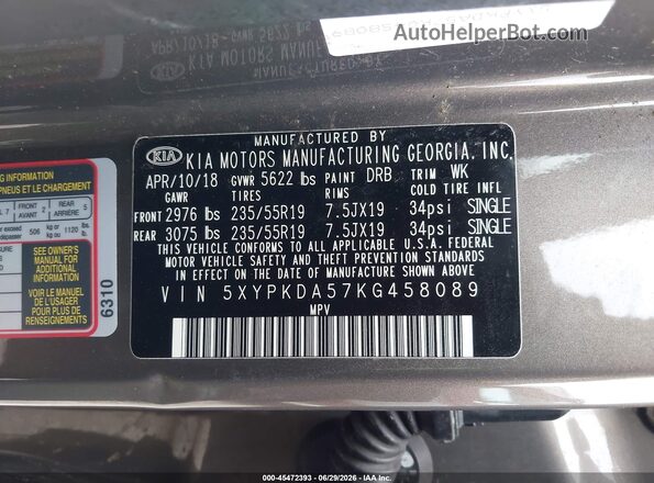 5XYPKDA57KG458089 2019 KIA SORENTO Brown ძრავის განყოფილების ხედი