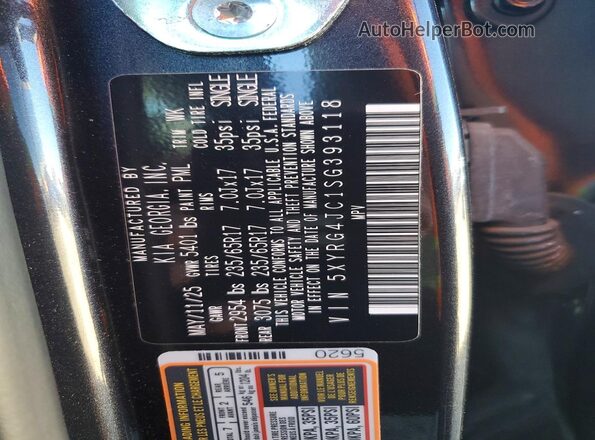 5XYRG4JC1SG393118 2025 KIA SORENTO Black Vista de la etiqueta del VIN
