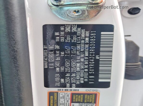 5XYRG4JC3RG308581 2024 KIA SORENTO White VIN კოდის სტიკერის ხედი