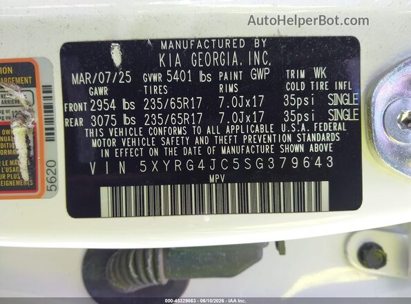 5XYRG4JC5SG379643 2025 KIA SORENTO Белый Вид подкапотного пространства