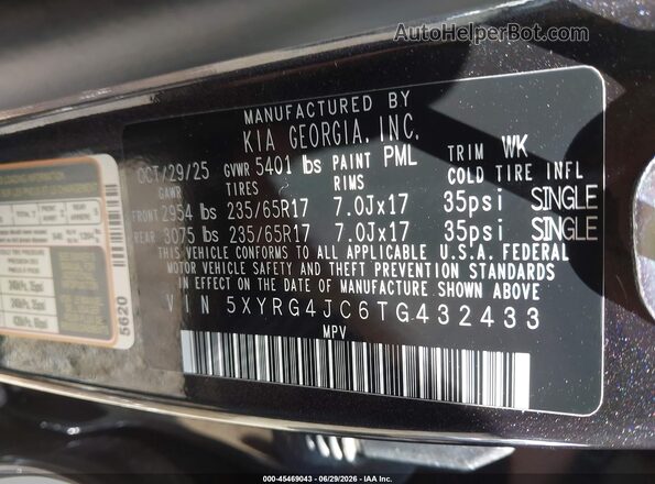 5XYRG4JC6TG432433 2026 KIA SORENTO Black Vista del compartimento del motor