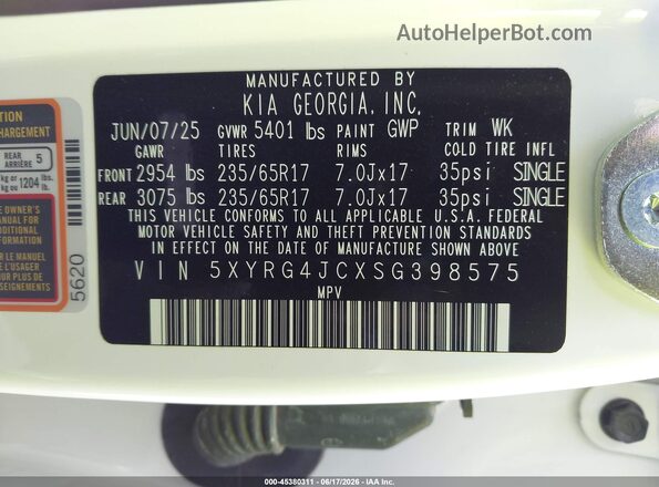 5XYRG4JCXSG398575 2025 KIA SORENTO White Widok komory silnika