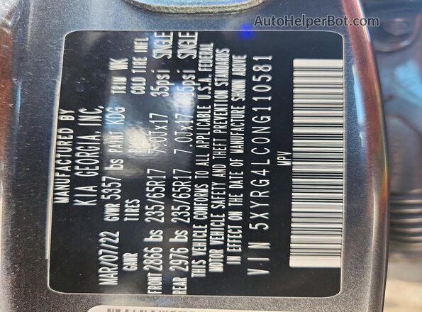 5XYRG4LC0NG110581 2022 KIA SORENTO Blue VIN կոդի պիտակի տեսք