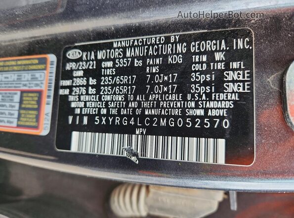 5XYRG4LC2MG052570 2021 KIA SORENTO Charcoal 