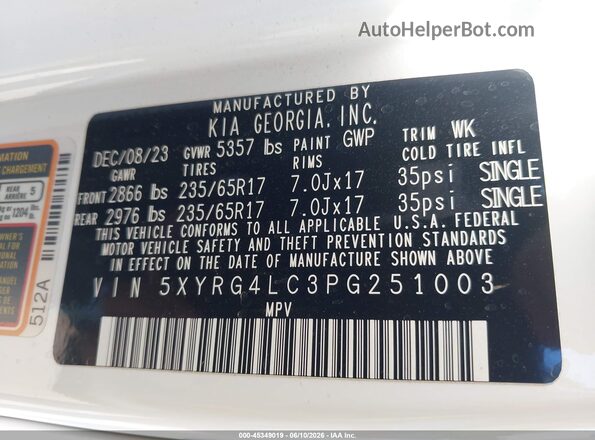 5XYRG4LC3PG251003 2023 KIA SORENTO White Vista del compartimento del motor