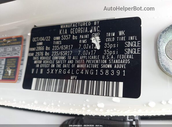 5XYRG4LC4NG158391 2022 KIA SORENTO White Շարժիչի բաժամունքի տեսք