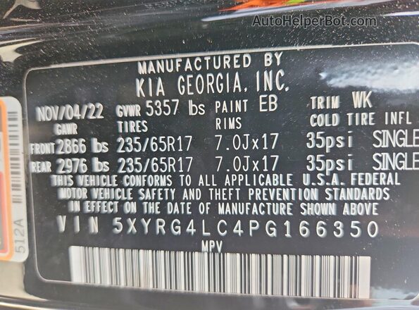 5XYRG4LC4PG166350 2023 KIA SORENTO Black VIN კოდის სტიკერის ხედი