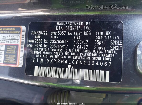 5XYRG4LC8NG134062 2022 KIA SORENTO Black Widok komory silnika
