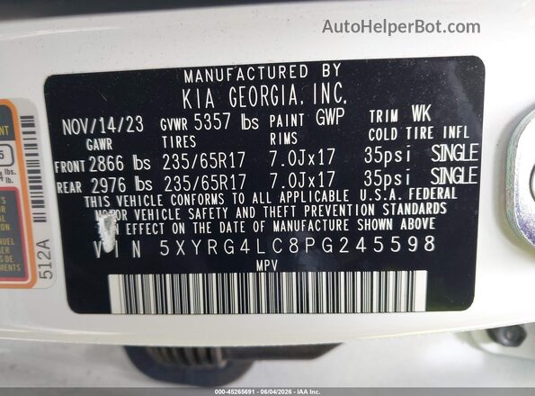 5XYRG4LC8PG245598 2023 KIA SORENTO White Widok komory silnika