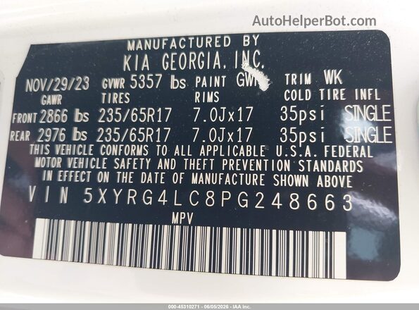5XYRG4LC8PG248663 2023 KIA SORENTO White Widok komory silnika