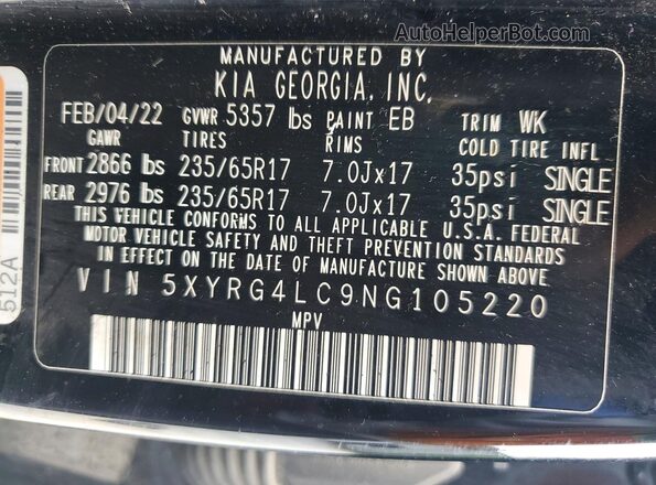 5XYRG4LC9NG105220 2022 KIA SORENTO Black Շարժիչի բաժամունքի տեսք