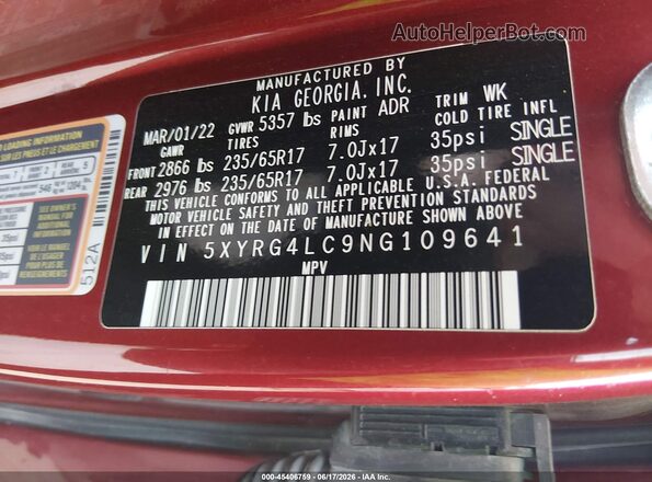 5XYRG4LC9NG109641 2022 KIA SORENTO Red Engine compartment view