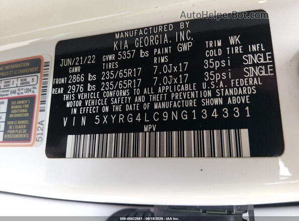 5XYRG4LC9NG134331 2022 KIA SORENTO White Engine compartment view