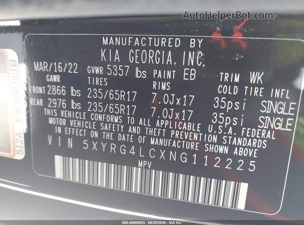 5XYRG4LCXNG112225 2022 KIA SORENTO Black Widok komory silnika