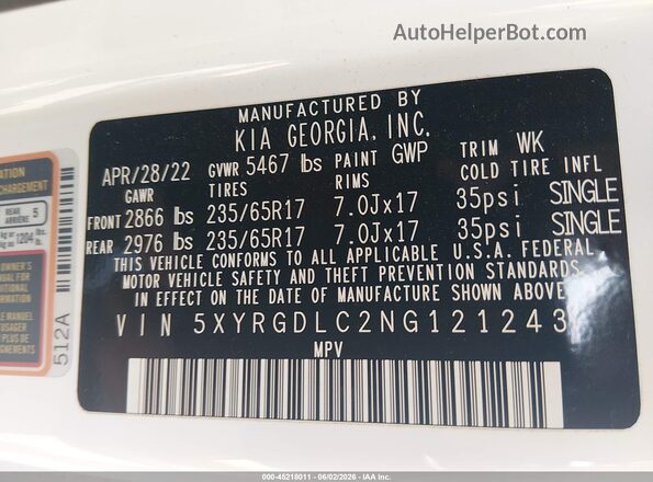 5XYRGDLC2NG121243 2022 KIA SORENTO White ძრავის განყოფილების ხედი