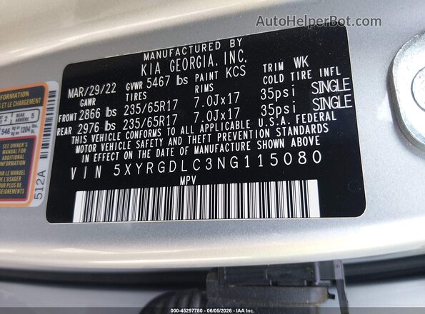 5XYRGDLC3NG115080 2022 KIA SORENTO Silver Вид підкапотного простору