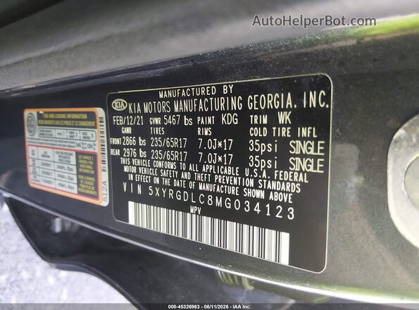5XYRGDLC8MG034123 2021 KIA SORENTO Gray Շարժիչի բաժամունքի տեսք