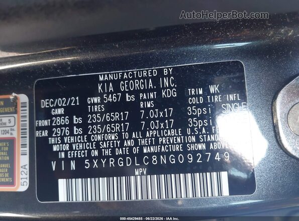 5XYRGDLC8NG092749 2022 KIA SORENTO Gray Вид підкапотного простору