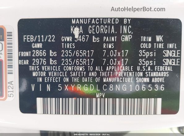 5XYRGDLC8NG106536 2022 KIA SORENTO White Engine compartment view