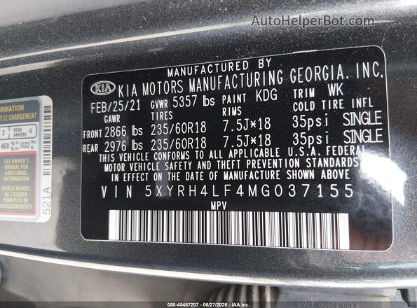 5XYRH4LF4MG037155 2021 KIA SORENTO Gray ძრავის განყოფილების ხედი