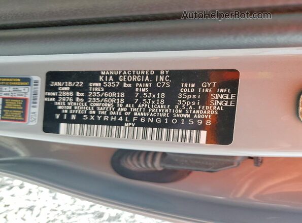 5XYRH4LF6NG101598 2022 KIA SORENTO Gray 