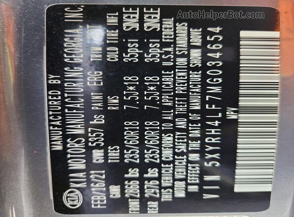 5XYRH4LF7MG034654 2021 KIA SORENTO Gray 