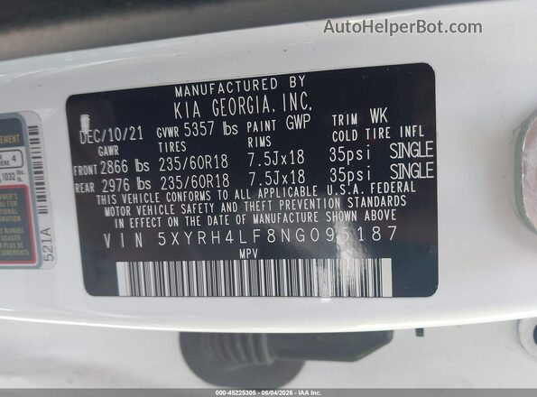 5XYRH4LF8NG095187 2022 KIA SORENTO White ძრავის განყოფილების ხედი