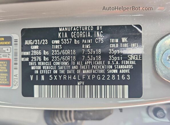 5XYRH4LFXPG228163 2023 KIA SORENTO Gray Widok naklejki z numerem VIN
