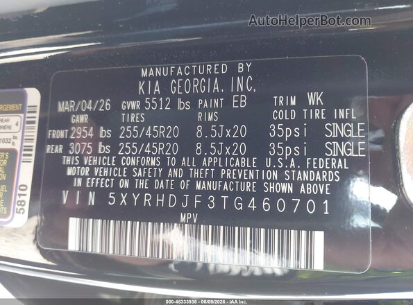 5XYRHDJF3TG460701 2026 KIA SORENTO Black Вид підкапотного простору